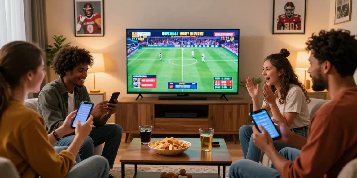 Friends enjoying lotus365 gaming experience together in lively living room with sports on screen, emphasizing social interaction.