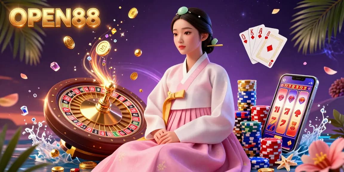 Engage in the action with OPEN88 showcasing an elegant woman in a traditional hanbok amidst vibrant casino elements.