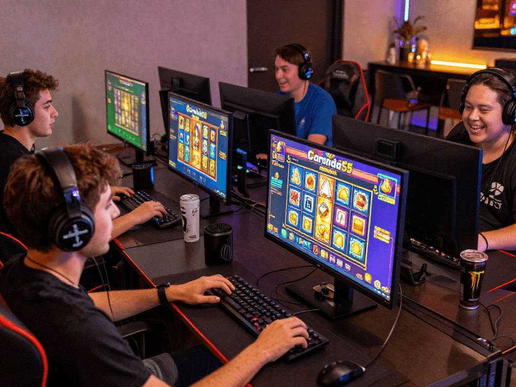Engaged players enjoying GARUDA55 slot games in modern gaming setup