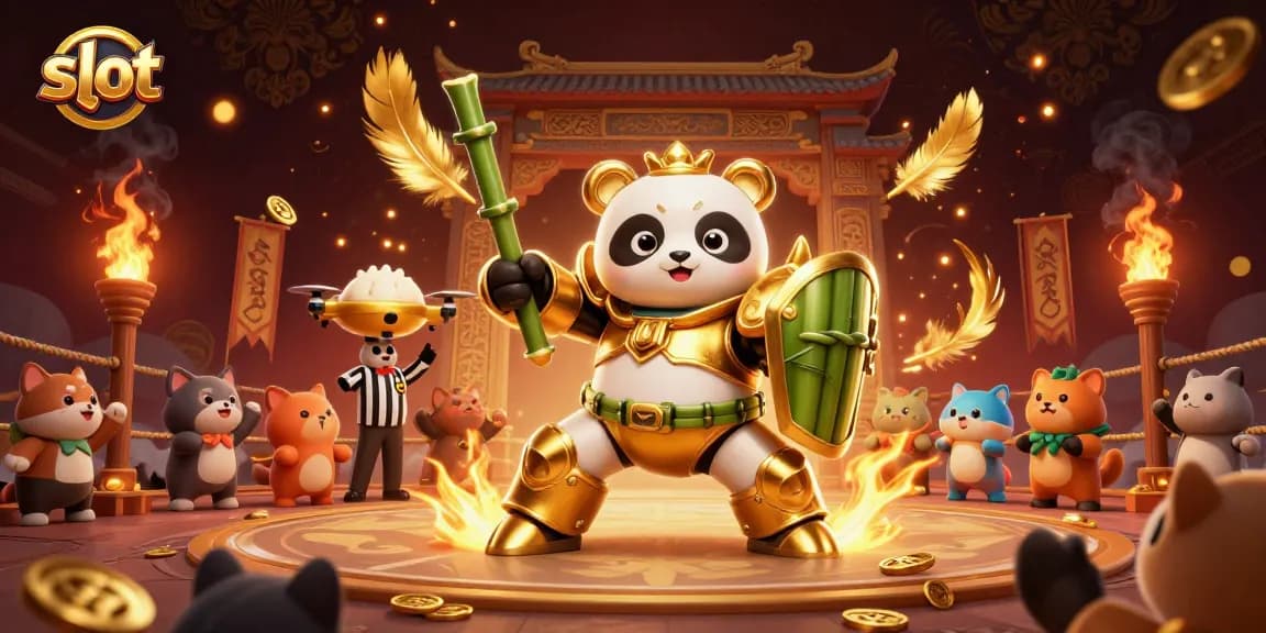 Slot gacor dengan panda emas bertarung di arena slot penuh koin dan penggemar.