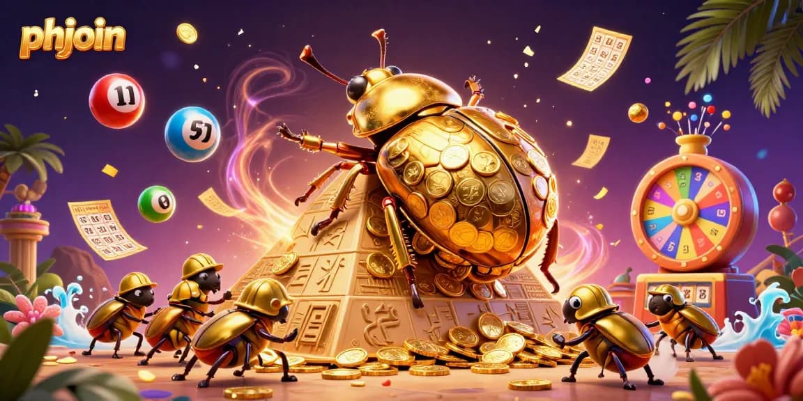 Experience exciting phjoin promotions as golden beetles roll coins at a vibrant casino.