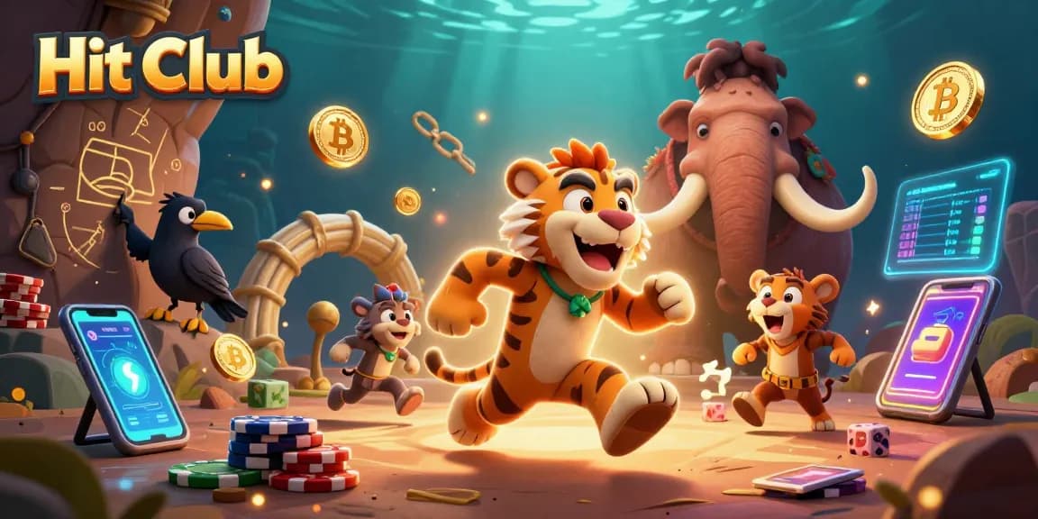 Hit Club showcases an exciting prehistoric casino scene with vibrant characters and crypto elements.