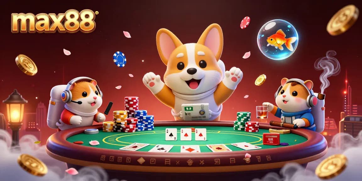 Experience max88 thrills in an interactive space casino with a corgi, hamster, and goldfish.