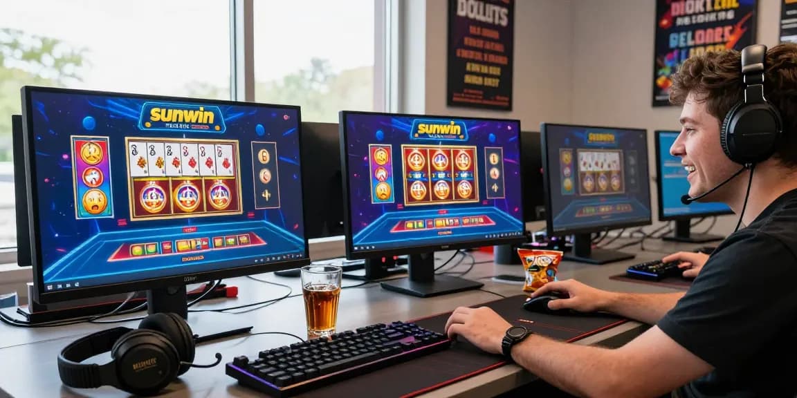 Engaged player at sunwin online casino setup, showcasing vibrant gaming interface and desktop peripherals.