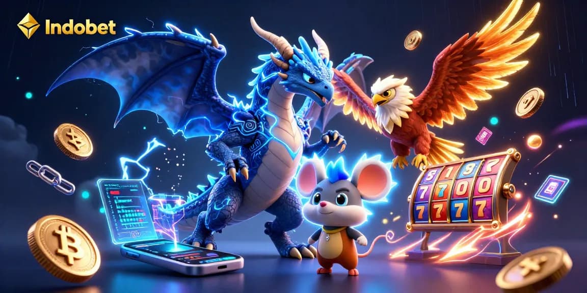 Indobet menghadirkan ilustrasi kasino 3D dengan naga petir dan simbol slot yang memukau.