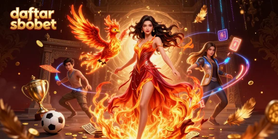 Bet on sports with daftar sbobet in a vibrant 3D illustration featuring Asian woman and phoenix.