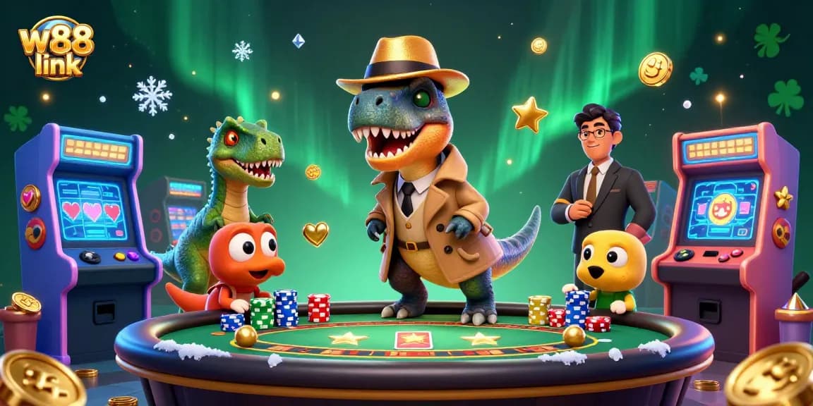 Engage with thrilling casino fun through the w88 link, featuring a cartoon velociraptor at a blackjack table.
