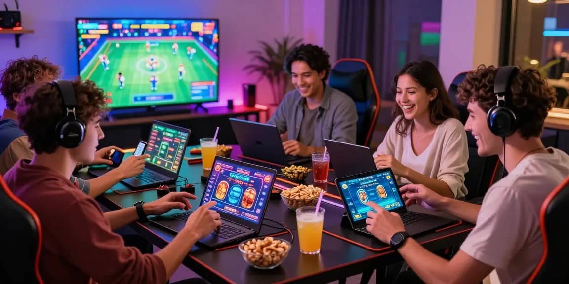 Friends enjoying mobile earning games like Teen Patti in a vibrant gaming room.