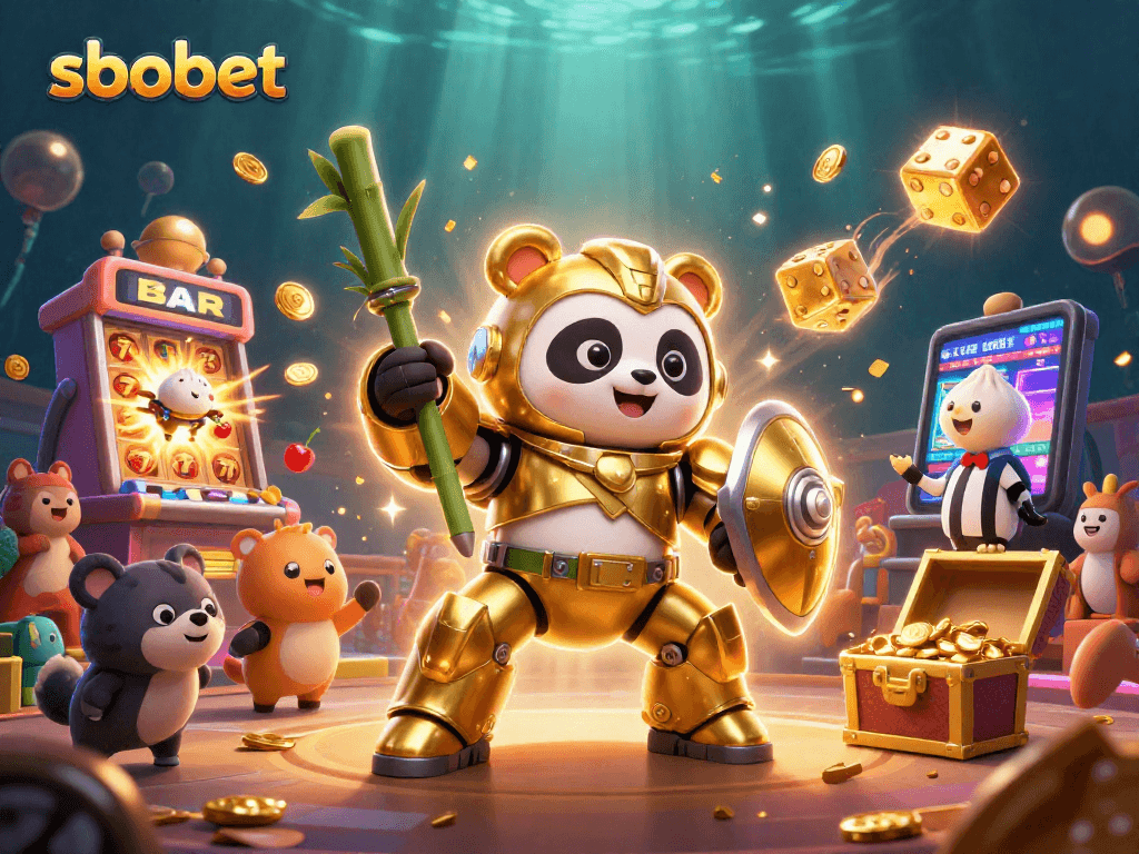 Experience sbobet sports action with golden panda in a vibrant casino arena surrounded by jackpots and excitement.