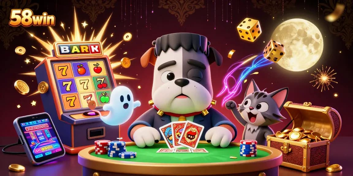 Experience thrilling casino action at 58win with an energetic illustration full of vibrant characters and elements.