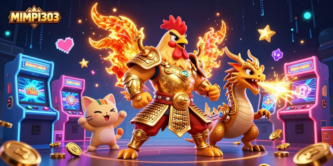 MIMPI303 invites players into a vibrant 3D scene featuring a fighting rooster, dragon hatchling, and fortune cat amidst gaming elements.