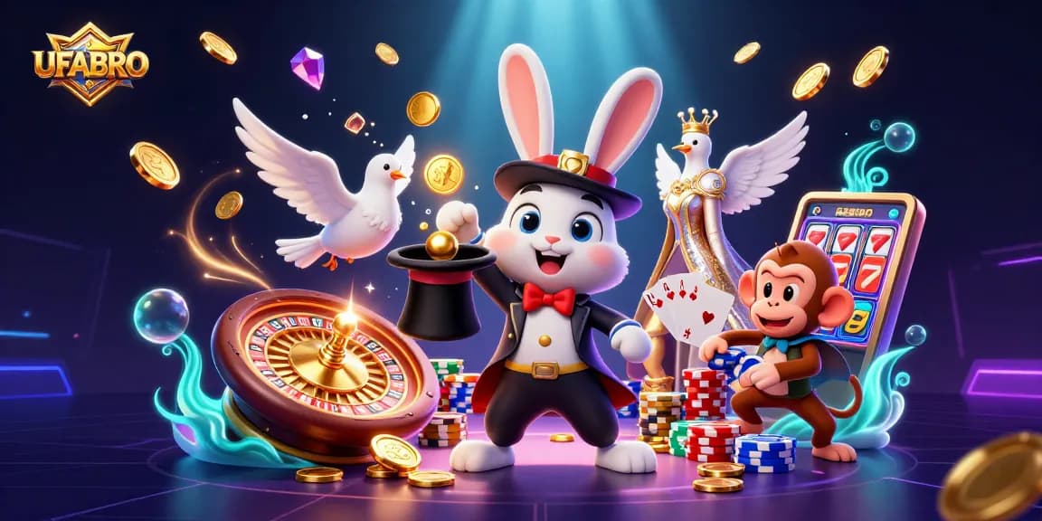 Bet on UFABRO and witness a magician rabbit conjuring coins, showcasing a rich casino fantasy.