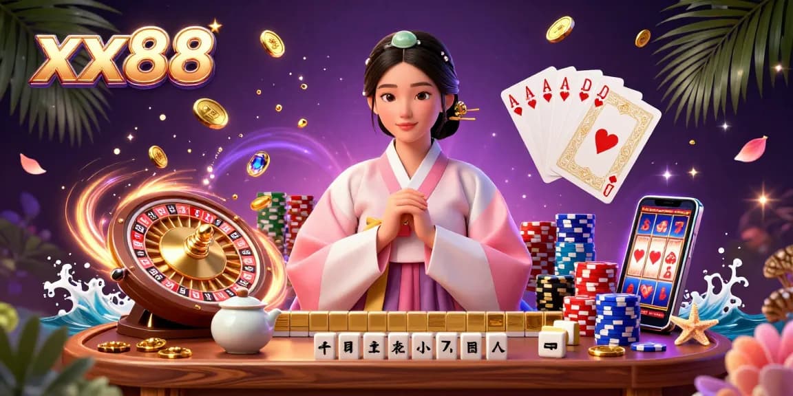 Experience the thrill of xx88 with an elegant Asian woman at a vibrant casino scene amidst flying coins and golden opportunities.