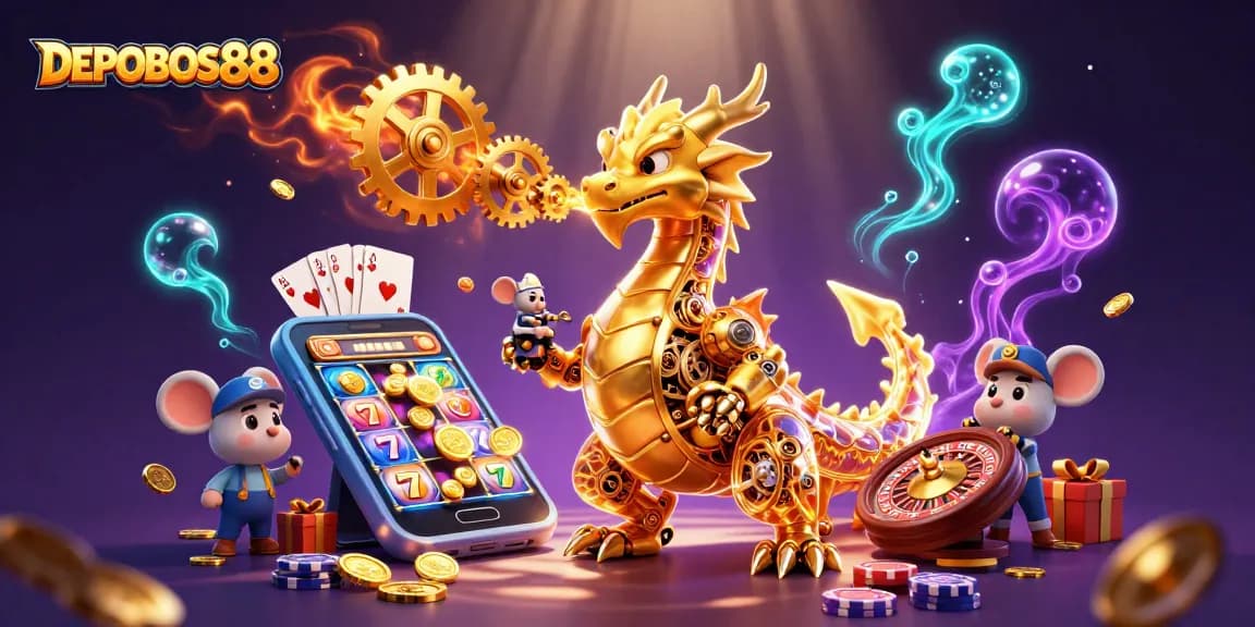 Experience DEPOBOS88's thrilling slot action with a dazzling golden dragon amidst vibrant casino elements.