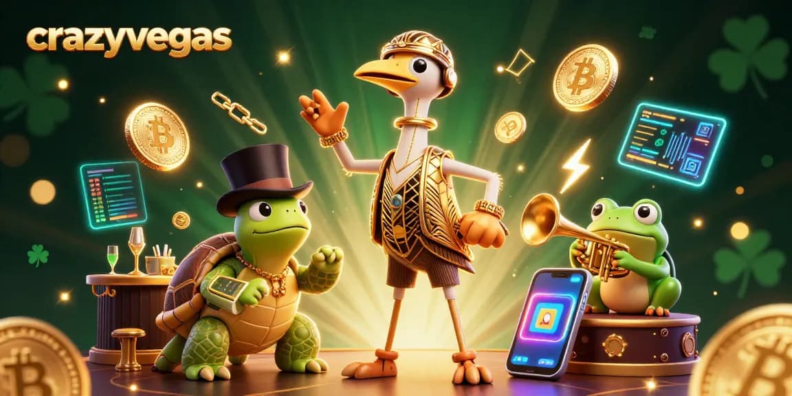 Enjoy the thrilling atmosphere of crazyvegas with vibrant characters playing casino games surrounded by crypto elements.