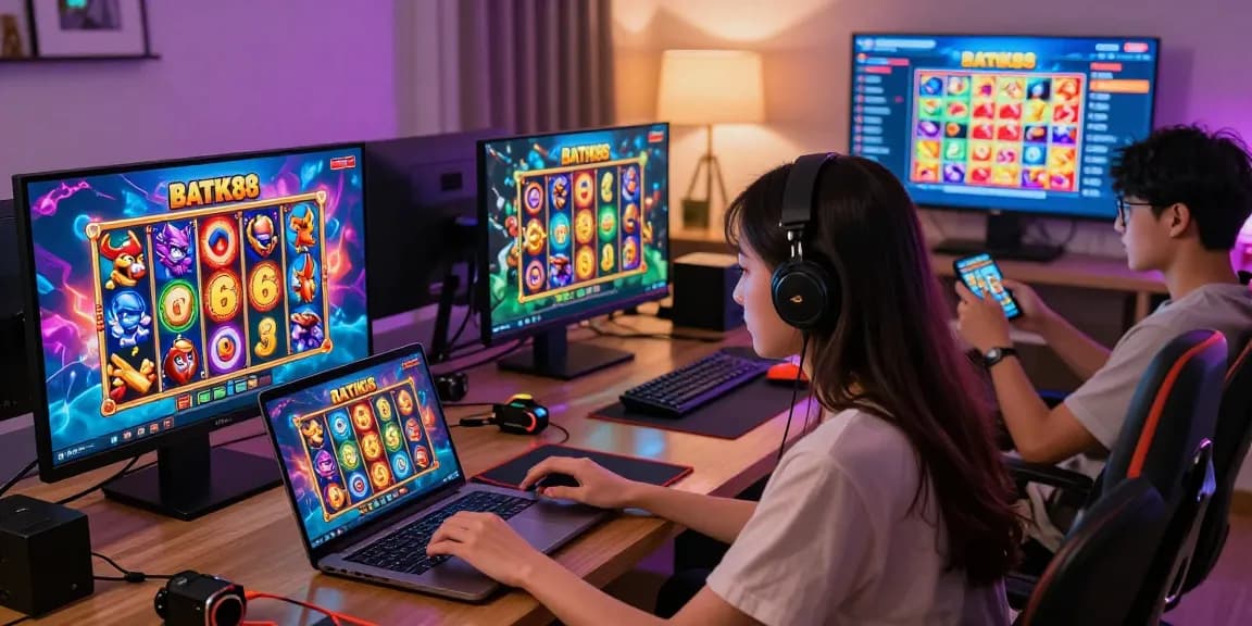 Pengguna bermain slot BATIK88 dengan gembira di ruang tamu modern, menampilkan suasana yang energik dan menarik bagi pecinta permainan online.