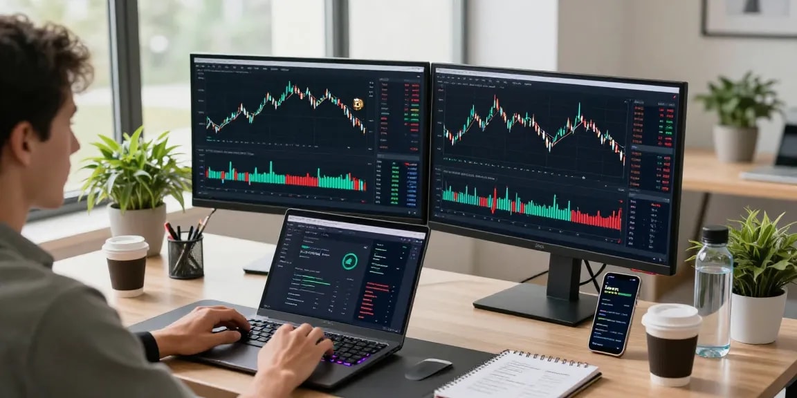 Play exchange cryptocurrency trading setup showcasing advanced tech, digital wallets, and market analysis.