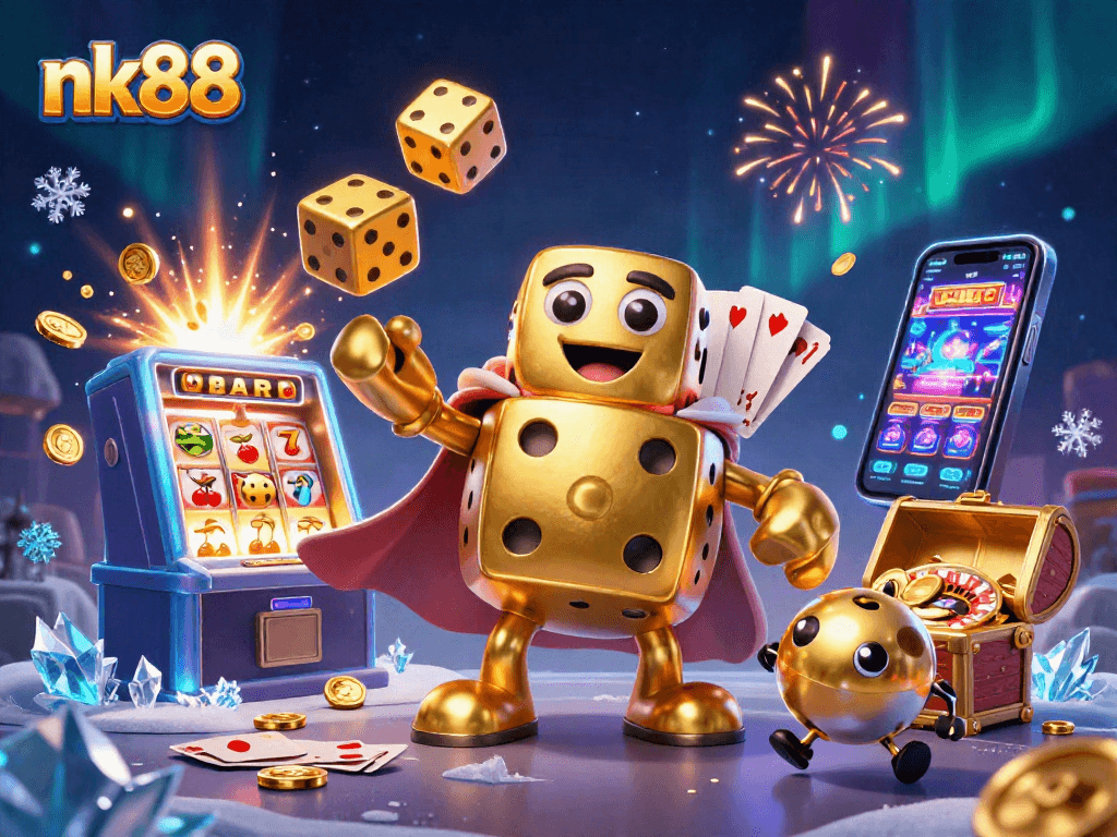 Win big with nk88's golden dice golem juggling coins and jackpots in a vibrant casino scene.