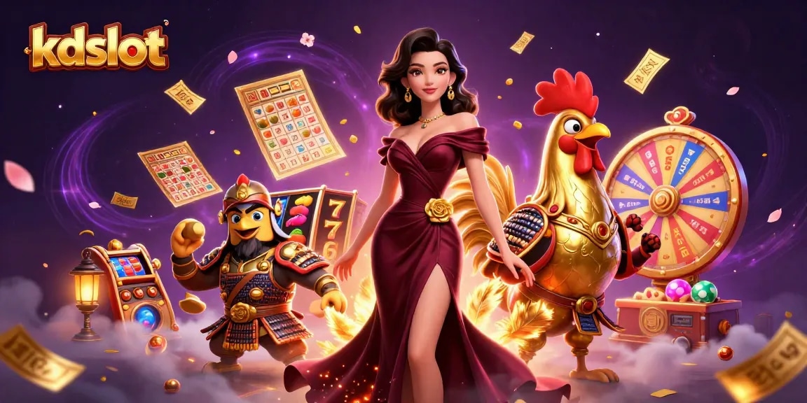 KDslot captures thrilling excitement with a glamorous casino scene featuring a stylish woman and a rooster warrior.