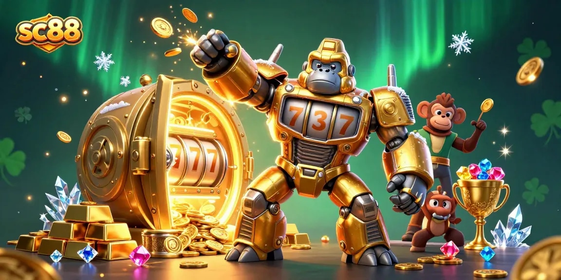Experience thrilling gaming at sc88, featuring a golden gorilla mech with slot machine elements in a vibrant casino scene.