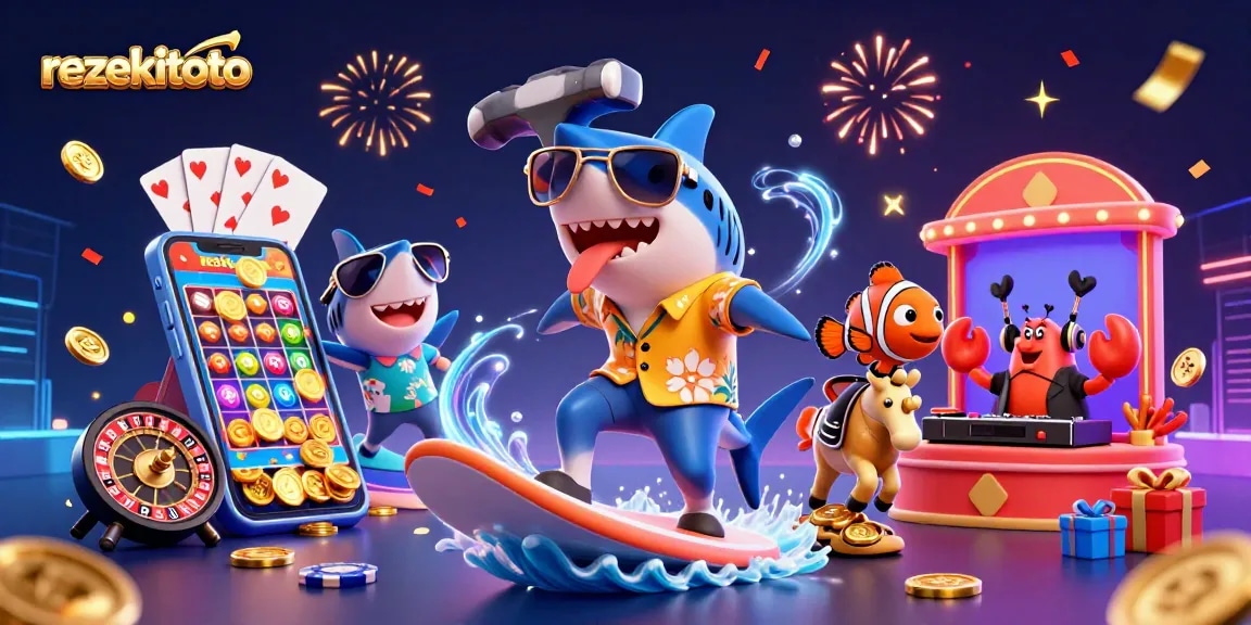 Experience thrilling gameplay with rezekitoto, featuring a vibrant shark, clownfish, and crab celebrating in a casino.