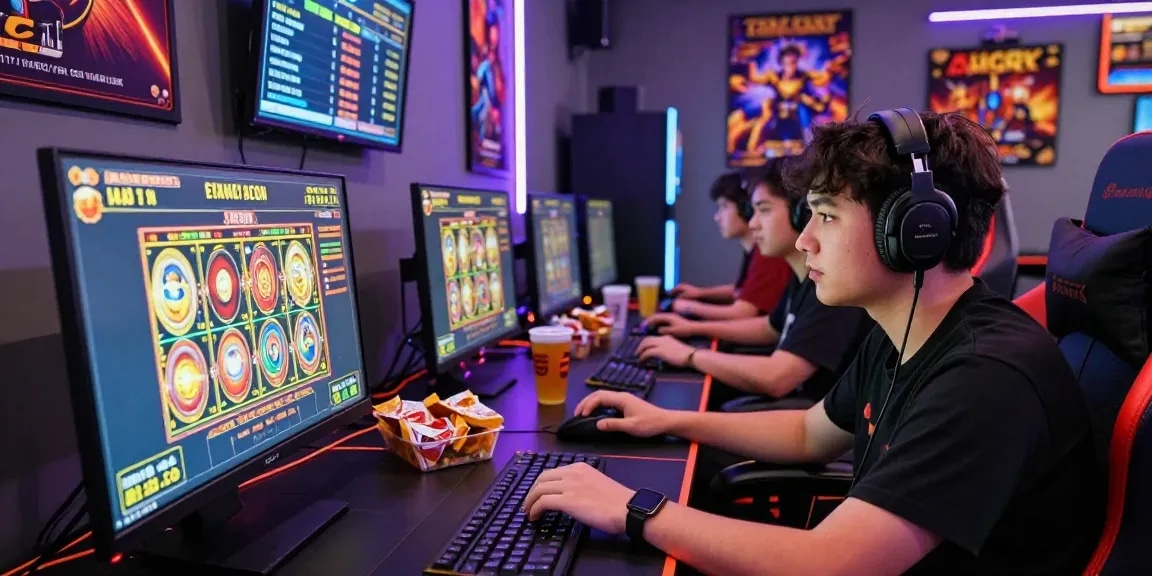 Pengalaman slot gacor fujiwin88 yang menarik dengan pemain bersemangat, laptop dan suasana gameroom yang energik.