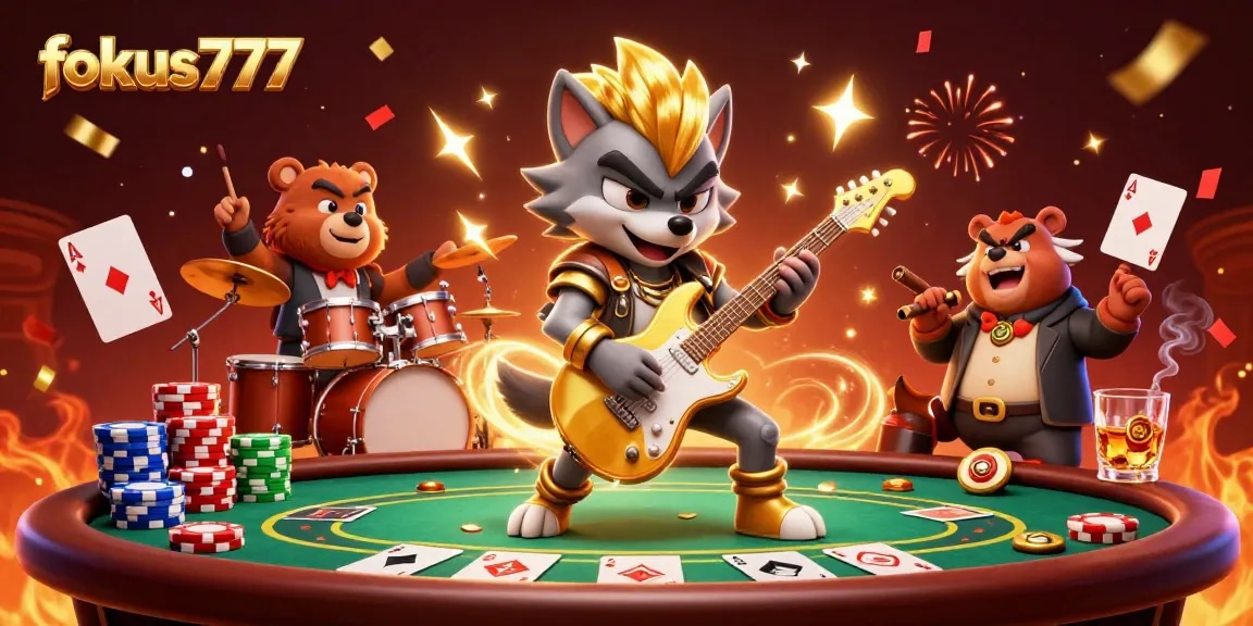 Experience thrilling action at fokus777 with a vibrant casino scene featuring a rock star wolf and poker elements.