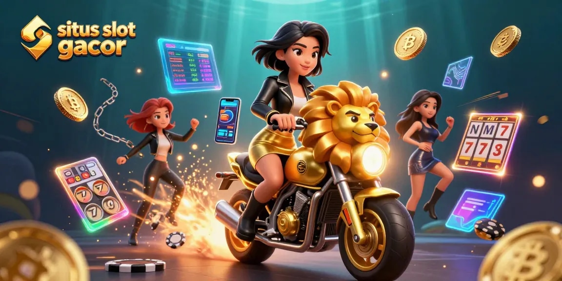 Engage with situs slot gacor through a vibrant 3D casino scene featuring dynamic characters and gaming elements.