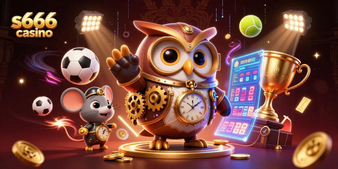 Engage with the thrilling s666 casino experience illustrated through a time-traveler owl and dynamic betting elements.