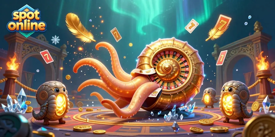 Spin the reels of slot online games in a vibrant 3D illustration with a giant nautilus and glowing ammonites.