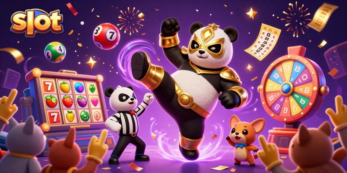 Enjoy dynamic slot action with a panda wrestler kicking and a chihuahua referee, amid exciting gaming elements.