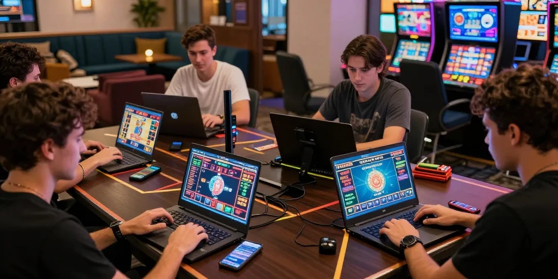 LUCK8 online casino scene with diverse gamers enjoying interactive betting experience on laptops and mobile devices.