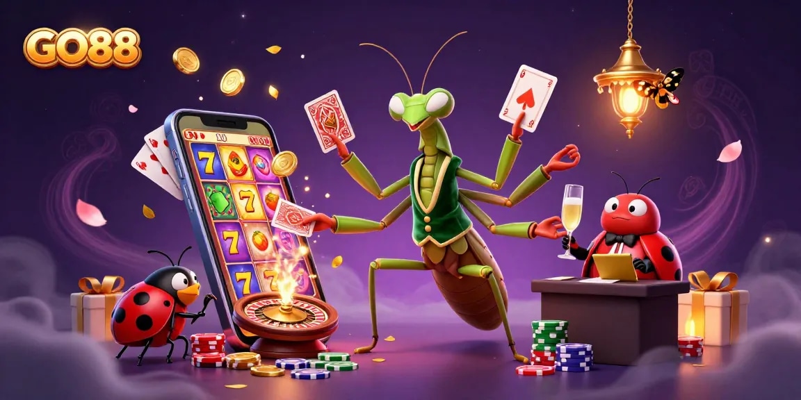 Experience the excitement of GO88 with a colorful 3D casino scene featuring dynamic characters and vibrant gaming elements.