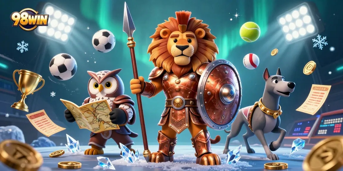 Experience thrilling action at 98WIN with a dynamic casino-themed digital illustration showcasing excitement and adventure.