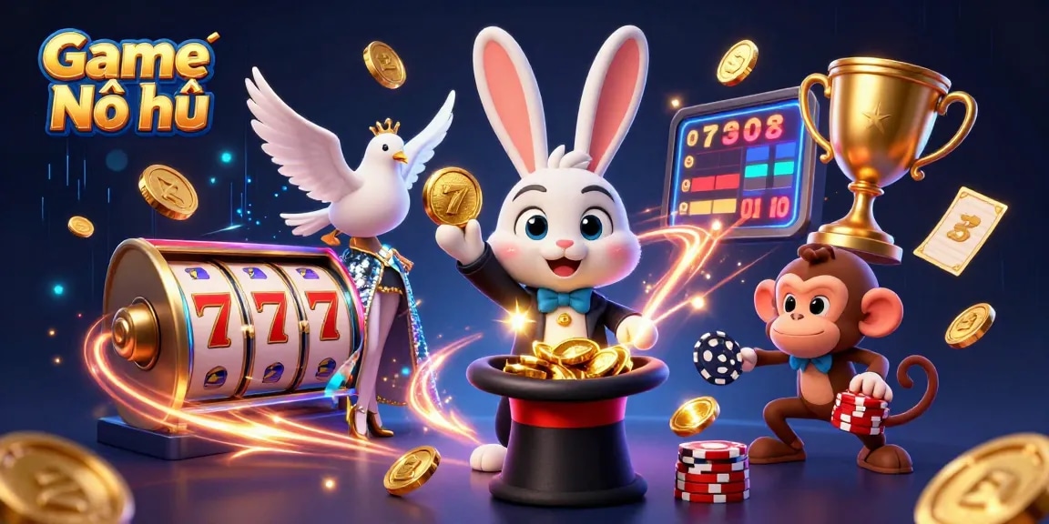 Experience Game Nổ hũ with a dynamic scene featuring a magical rabbit and casino-themed characters.