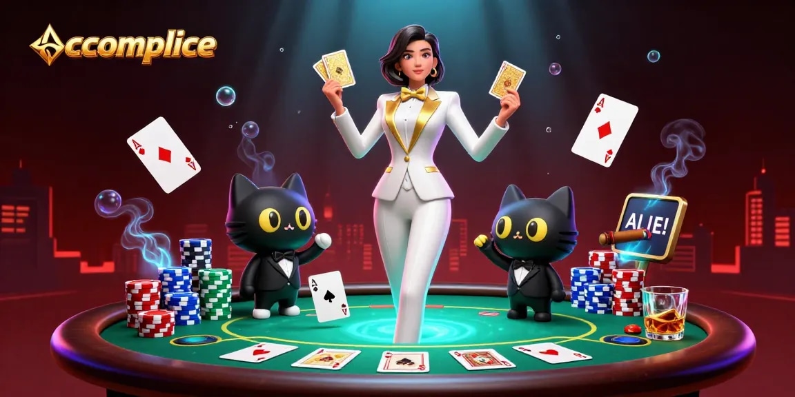 Play poker and win with accomplice in a vibrant digital illustration showcasing a glamorous casino scene.