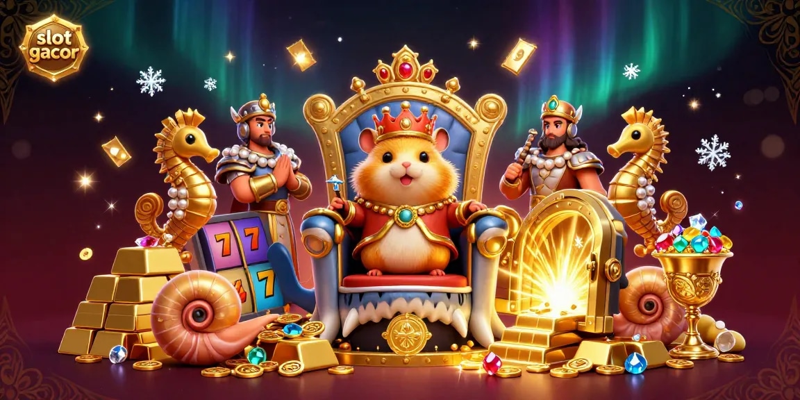 Slot gacor yang menggambarkan raja hamster emas dengan mahkota karang di atas kursi gigi hiu megalodon.