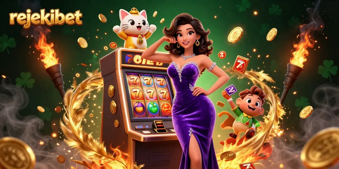 Experience winning with rejekibet, showcasing vibrant slot machine action and fortune cat excitement.