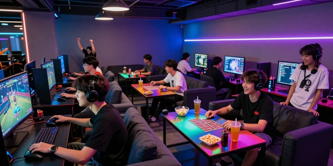 Playinexch gaming lounge scene with young adults enjoying esports and card games in a vibrant atmosphere.