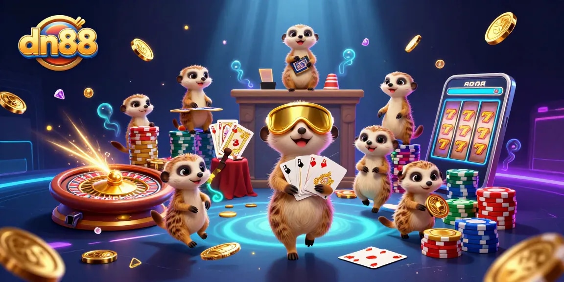 Experience dn88's lively casino atmosphere with a charming meerkat colony engaging in classic games.