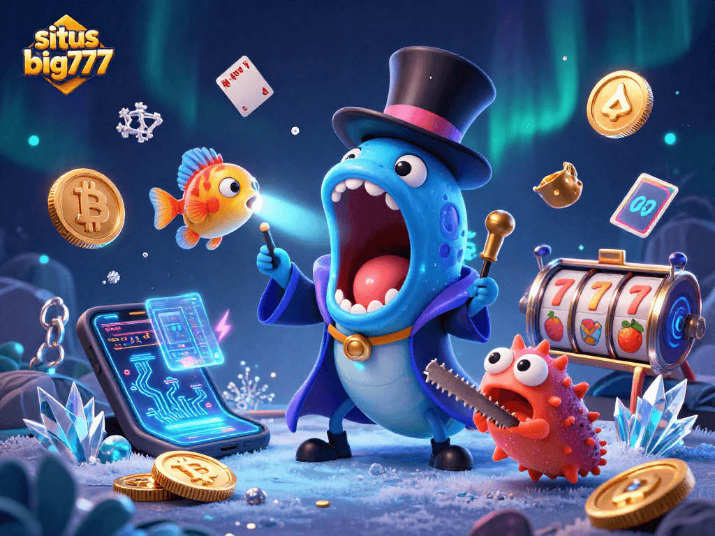 Engage with situs big777 as a vibrant 3D illustration showcases a magical casino scene erupting with excitement and crypto elements.