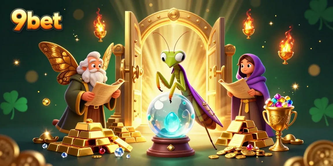 Engage with 9bet's immersive casino world guided by a fortune teller and librarian in a vibrant scene.