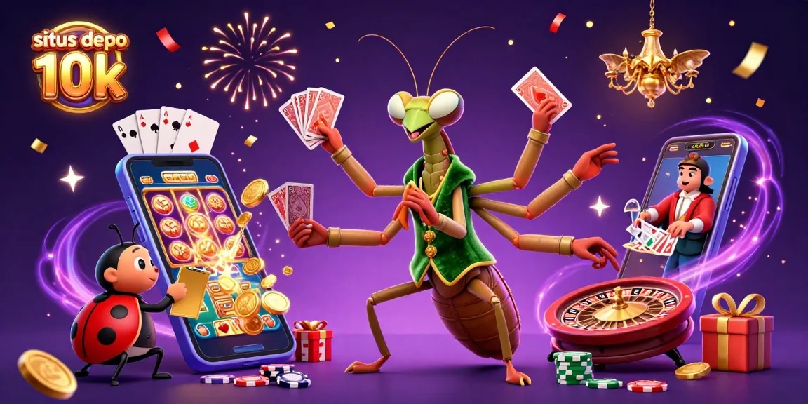 Engage with situs depo 10k as vibrant golden coins and slot games come alive in a lively casino scene.