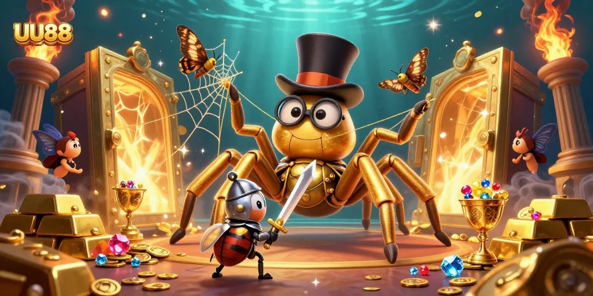 Experience the excitement of UU88 with a vibrant casino-themed illustration showcasing gleaming treasures and engaging characters.