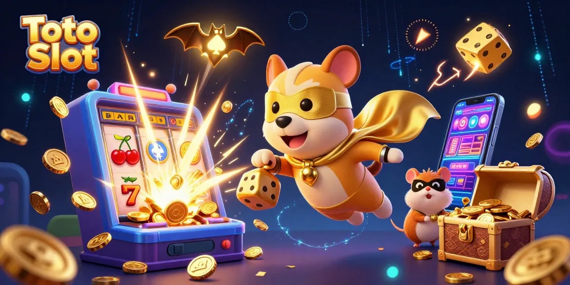 Experience thrilling Toto Slot action with a dynamic 3D casino scene featuring a superhero dog and exciting game elements.