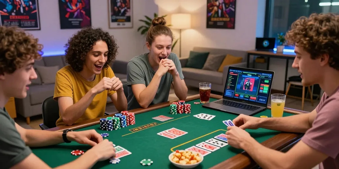 Friends enjoying a thrilling game bài đổi thưởng night with poker chips and cards on a cozy table.