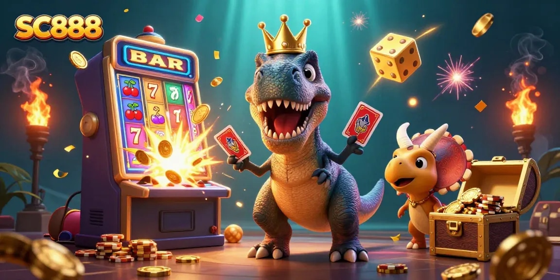 Experience SC888 with a playful dinosaur casino scene, featuring cards and chips in action.