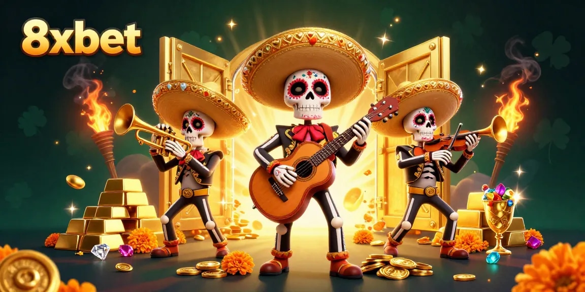 Experience the excitement of 8xbet with a vibrant mariachi band surrounded by shimmering treasures and gaming elements.