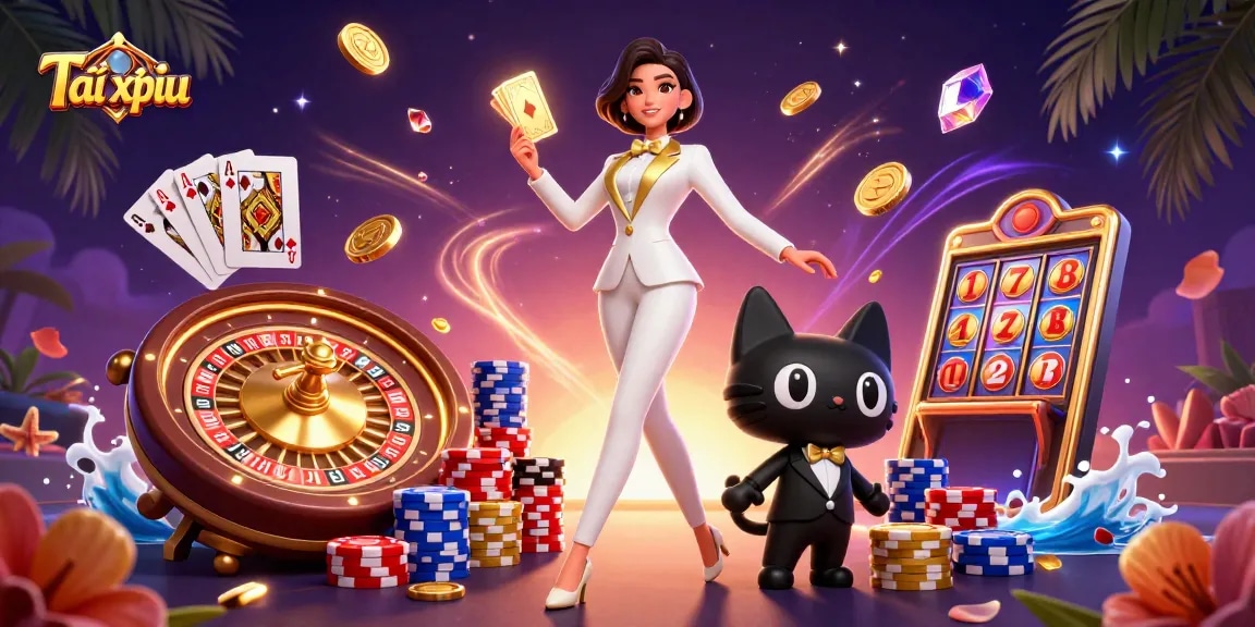 Engage in thrilling Tài xỉu gameplay with a glamorous dealer and captivating casino elements.