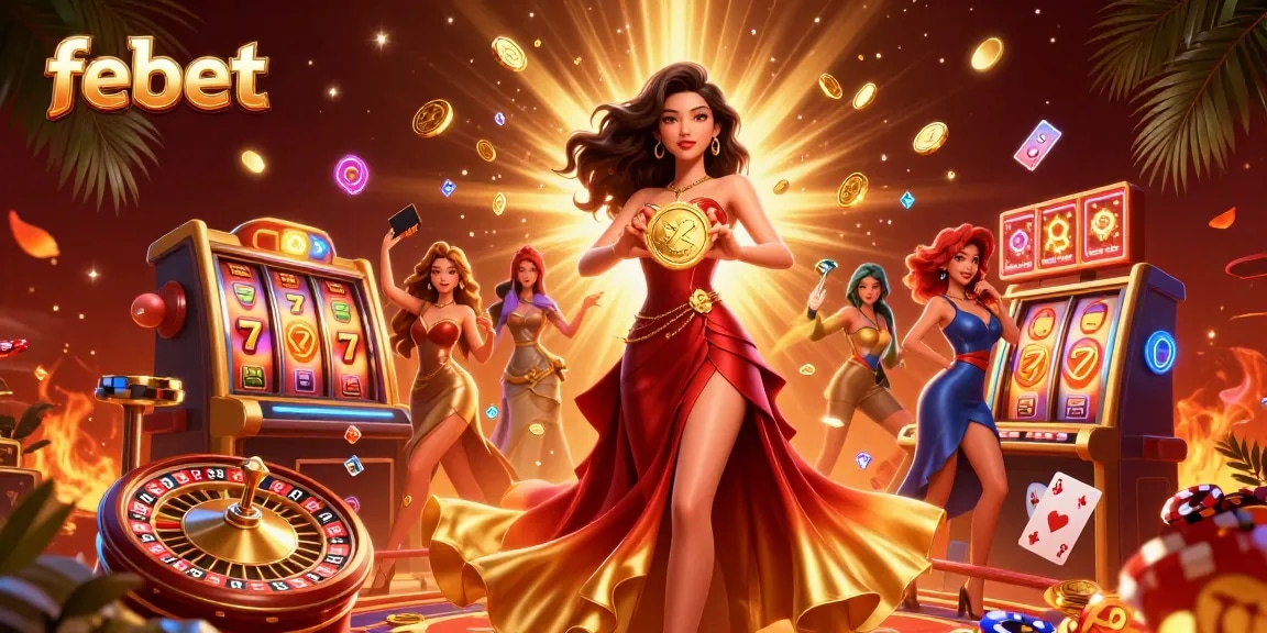 Join the winning moment at febet casino, featuring a glamorous woman celebrating with golden coins.